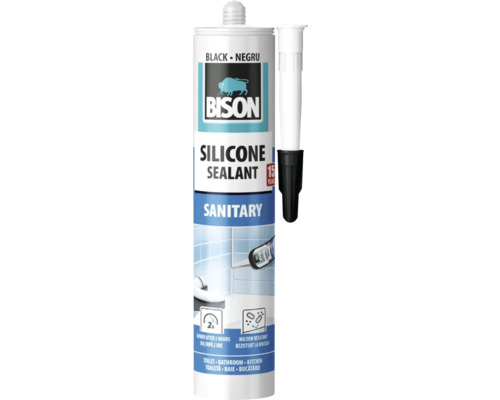 Bison Logo, Silicon sanitar negru, cartuș cu duză, rezistent la mucegai, utilizabil după 2 ore, pentru baie și bucătărie.