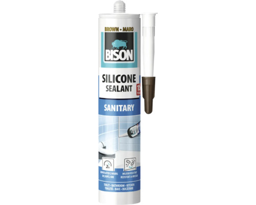 Etanșant siliconic Bison sanitar maro, rezistent la mucegai, rezistent la apă după două ore, pentru baie și bucătărie, cartuș cu duză.