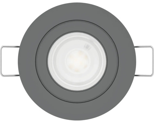 Spot LED încastrat rotund cu cadru gri și cleme de fixare din metal pentru montare în tavan.