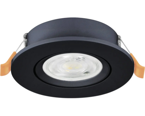 Spot LED încastrat rotund de culoare neagră cu arcuri de fixare laterale.