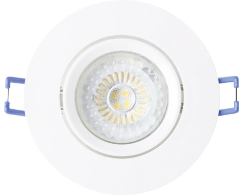 Spot LED încastrat rotund alb cu arcuri de montare laterale pentru instalarea în tavan.