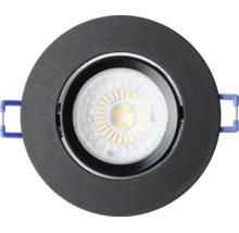 Spot LED încastrat, rotund, negru, cu sursă de lumină vizibilă și arcuri de montare albastre.