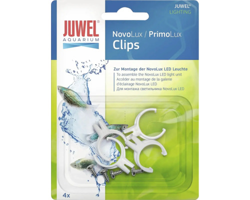 Clipsuri Juwel NovoLux și PrimoLux pentru montarea lămpii LED în acvariu, 4 clipsuri din plastic alb inclusiv șuruburi.