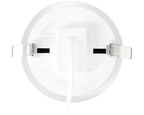 Vedere din spate a unui corp de iluminat încastrat cu LED rotund, cu cleme cu arc metalice și cablu de conectare.