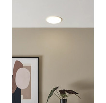 Plafonieră LED rotundă și plată într-o cameră cu design modern, cu un tablou și o plantă de apartament.