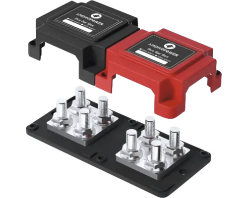 AMOMOPOWER Logo. Cutie de distribuție cu opt șuruburi de conexiune și două capace detașabile.