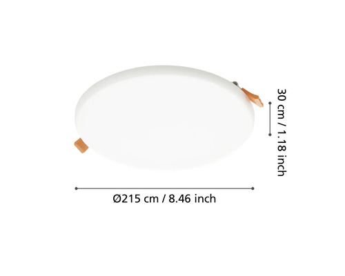 Panou LED rotund încorporat cu dimensiuni: diametru 21,5 centimetri și înălțime 3 centimetri.