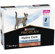 Purina Pro Plan Hydra Care Feline Hydration hrană complementară cu aromă de somon, 10 porții a 75 grame. Purina Logo. ISFM Logo.