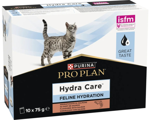 Purina Pro Plan Hydra Care Feline Hydration hrană complementară cu aromă de somon, 10 porții a 75 grame. Purina Logo. ISFM Logo.