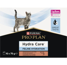 Purina Pro Plan Hydra Care pentru hidratarea pisicilor cu aromă de somon 10 bucăți a câte 75 grame cu pisică, logo isfm și simbol pentru gust bun.