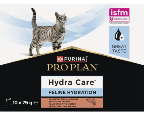 Purina Pro Plan Hydra Care pentru hidratarea pisicilor cu aromă de somon 10 bucăți a câte 75 grame cu pisică, logo isfm și simbol pentru gust bun.
