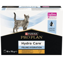 Purina Pro Plan Hydra Care Feline Hydration, 10 plicuri de 75 grame, hrană complementară pentru pisici cu gust de pui, Purina Logo.