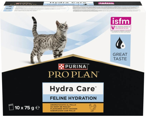 Purina Pro Plan Hydra Care Feline Hydration, 10 plicuri de 75 grame, hrană complementară pentru pisici cu gust de pui, Purina Logo.