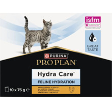 Purina Pro Plan Hydra Care, hrană complementară lichidă pentru hidratarea pisicilor, gust de pui, 10 ori 75 grame, Purina Logo și ISFM Logo.