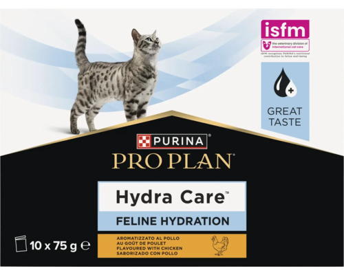 Purina Pro Plan Hydra Care, hrană complementară lichidă pentru hidratarea pisicilor, gust de pui, 10 ori 75 grame, Purina Logo și ISFM Logo.