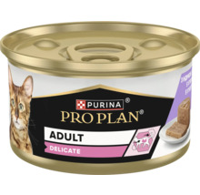 Hrană pentru pisici Purina Pro Plan Adult Delicate la conservă pentru digestie sănătoasă.