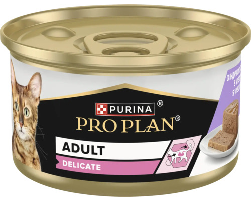 Hrană pentru pisici Purina Pro Plan Adult Delicate la conservă pentru digestie sănătoasă.
