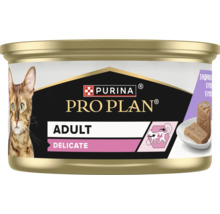 Hrană umedă pentru pisici Purina Pro Plan Adult Delicate la conservă cu Purina Logo, pisică, bucăți de carne și simbol pentru digestie.