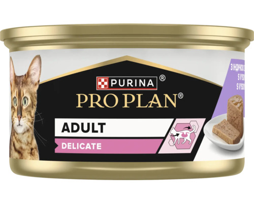 Hrană umedă pentru pisici Purina Pro Plan Adult Delicate la conservă cu Purina Logo, pisică, bucăți de carne și simbol pentru digestie.