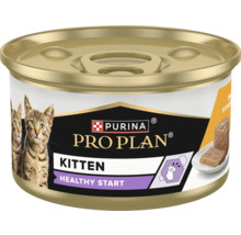 Hrană umedă Purina Pro Plan Kitten Healthy Start pentru pisoi la conservă cu imagini cu pisoi și piftie.