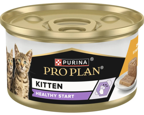 Hrană umedă Purina Pro Plan Kitten Healthy Start pentru pisoi la conservă cu imagini cu pisoi și piftie.
