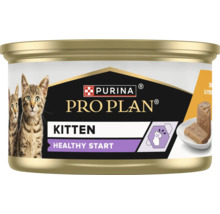 Hrană umedă Purina Pro Plan Kitten Healthy Start pentru pisoi în conservă cu imaginea unor pisoi.