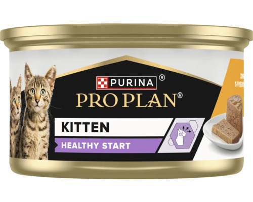 Hrană umedă Purina Pro Plan Kitten Healthy Start pentru pisoi în conservă cu imaginea unor pisoi.