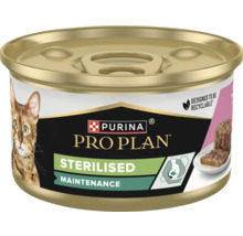 Conservă pentru pisici Purina Pro Plan Sterilised Maintenance cu imaginea unei pisici și bucăți de carne.