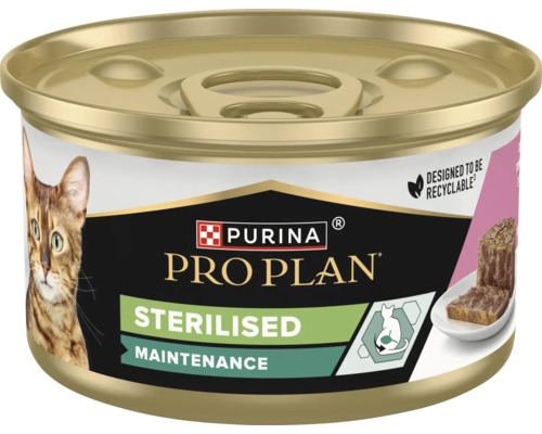 Conservă pentru pisici Purina Pro Plan Sterilised Maintenance cu imaginea unei pisici și bucăți de carne.