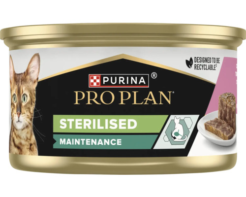 Purina Pro Plan Sterilised Maintenance hrană umedă pentru pisici în conservă reciclabilă cu imagine de pisică și sugestie de servire.