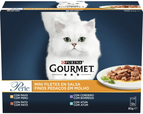 Purina Gourmet Perle hrană pentru pisici multipack 12 bucăți 85 grame mini fileuri în sos cu curcan rață miel și ton și Purina Logo.