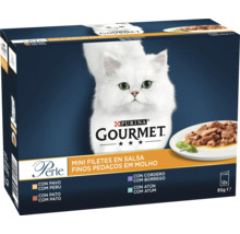 Hrană pentru pisici Purina Gourmet Perle mini fileuri în sos, pachet cu douăsprezece porții de 85 grame, sortimente variate.