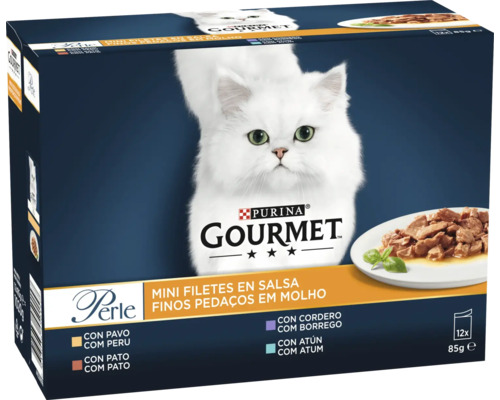Hrană pentru pisici Purina Gourmet Perle mini fileuri în sos, pachet cu douăsprezece porții de 85 grame, sortimente variate.