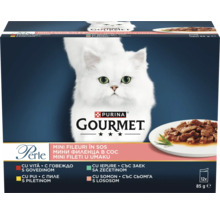 Hrană pentru pisici Purina Gourmet Perle, Mini fileuri în sos, multipack de 12 ori 85 grame cu vită, pui, iepure și somon.