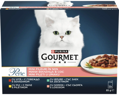 Hrană pentru pisici Purina Gourmet Perle, Mini fileuri în sos, multipack de 12 ori 85 grame cu vită, pui, iepure și somon.