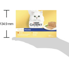 Hrană pentru pisici Purina Gourmet Gold Mousse, multipack cu 12 conserve de 85 de grame. Înălțimea ambalajului este de 134,9 milimetri.