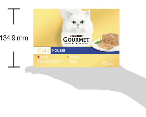 Hrană pentru pisici Purina Gourmet Gold Mousse, multipack cu 12 conserve de 85 de grame. Înălțimea ambalajului este de 134,9 milimetri.