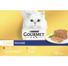 Hrană pentru pisici Purina Gourmet Gold Mousse pachet de douăsprezece conserve a câte 85 de grame, sortimente diverse.