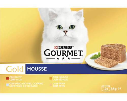Hrană pentru pisici Purina Gourmet Gold Mousse pachet de douăsprezece conserve a câte 85 de grame, sortimente diverse.