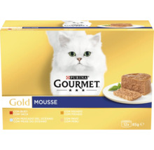 Multipack hrană pentru pisici Purina Gourmet Gold Mousse 12 porții de 85 grame cu vită, pește oceanic, ficat și curcan