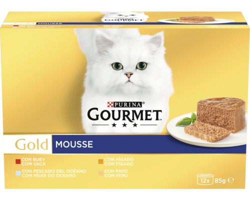 Multipack hrană pentru pisici Purina Gourmet Gold Mousse 12 porții de 85 grame cu vită, pește oceanic, ficat și curcan