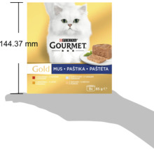 Purina Gourmet Gold sortiment de mousse pentru pisici, 8 conserve de 85 grame, imagine cu pisică albă și sugestie de servire, înălțime 144.37 milimetri.