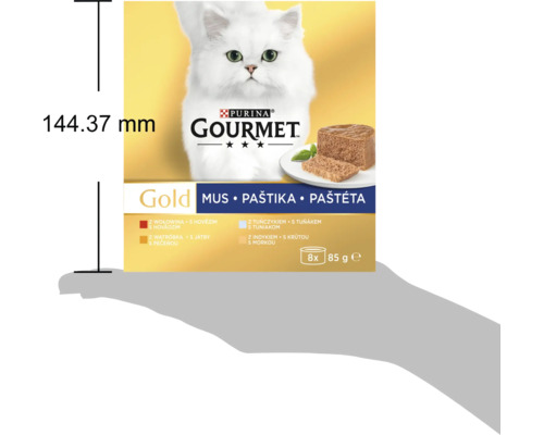 Purina Gourmet Gold sortiment de mousse pentru pisici, 8 conserve de 85 grame, imagine cu pisică albă și sugestie de servire, înălțime 144.37 milimetri.