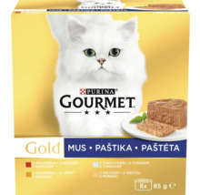 Purina Gourmet Gold hrană pentru pisici pachet cu opt conserve de 85 grame, sortimente de mousse cu vită, ficat, ton și curcan.