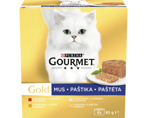 Purina Gourmet Gold hrană pentru pisici pachet cu opt conserve de 85 grame, sortimente de mousse cu vită, ficat, ton și curcan.