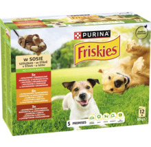 Hrană umedă pentru câini Purina Friskies în sos, pachet cu 12 plicuri de 85 grame, sortimente cu vită, pui și miel.