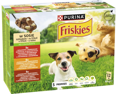 Hrană umedă pentru câini Purina Friskies în sos, pachet cu 12 plicuri de 85 grame, sortimente cu vită, pui și miel.
