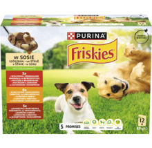 Purina Friskies hrană umedă câini pachet 12 plicuri cu vită, pui și miel în sos, fără coloranți și cu ambalaj reciclabil.