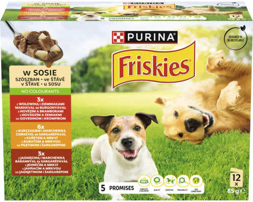 Purina Friskies hrană umedă câini pachet 12 plicuri cu vită, pui și miel în sos, fără coloranți și cu ambalaj reciclabil.