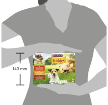 Pachet de hrană pentru câini Purina Friskies în sos, 12 bucăți, cu o înălțime de 143 milimetri.